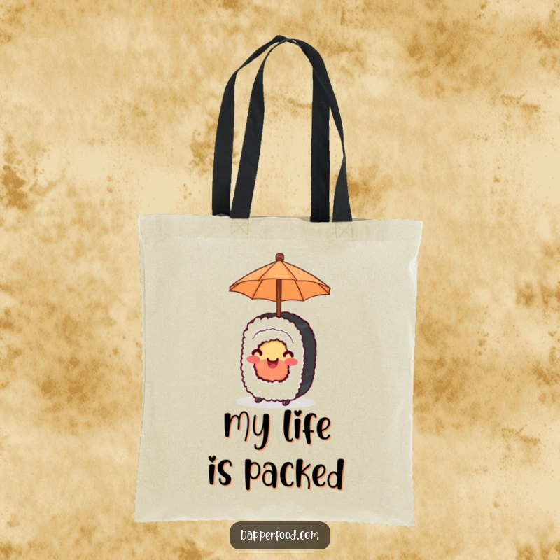 Funny Tote Bag designed with a happy sushi roll balancing a tiny umbrella, perfect for carrying sunshine and smiles.