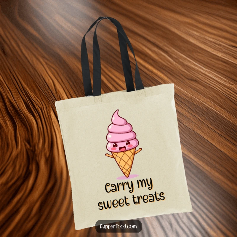 Funny Ice Cream Wobble Tote Bag showcasing a joyous ice cream cone character with a wobbling topping, bopping along happily.