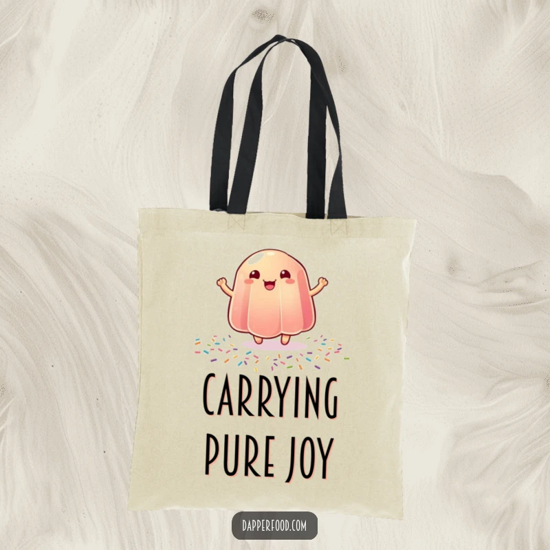 Funny tote bag illustration of a wobbly jelly joyfully bouncing on a sprinkle-covered background.