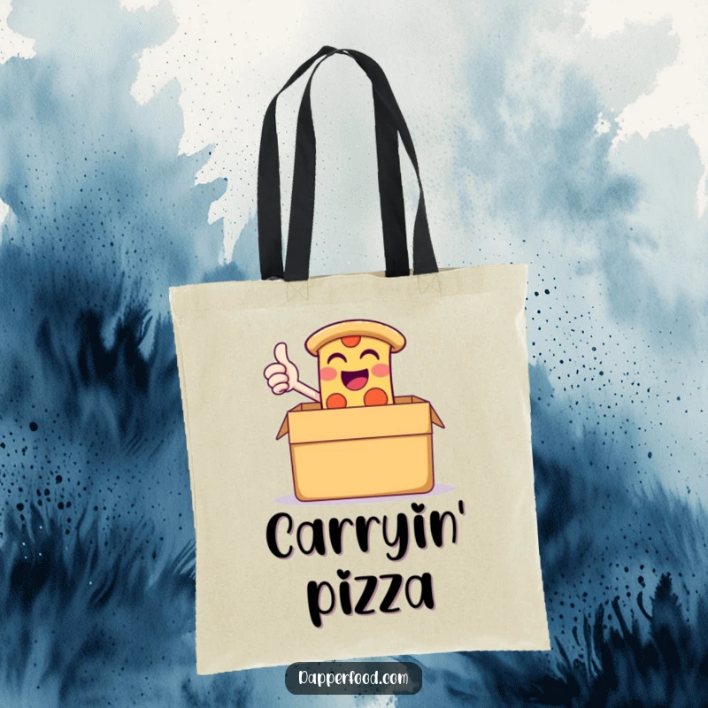 Funny tote bag with a giggling slice of pizza giving a thumbs-up from inside a giant pizza box, perfect for carrying essentials.