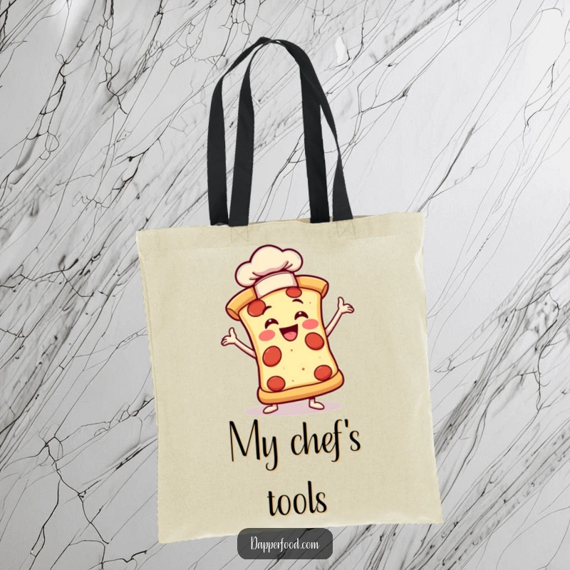 Funny tote bag with a joyful pizza slice in a dramatic pose wearing a tiny chef hat, great for shopping.