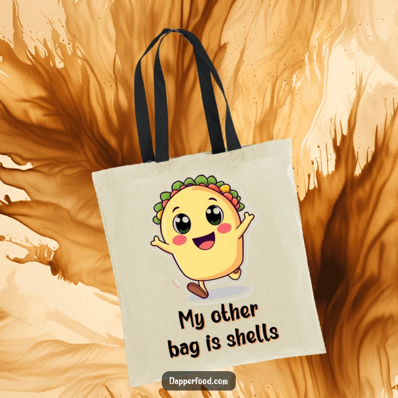 Funny tote bag depicting a happy taco character mid-cartwheel, designed to carry your items with playful, food-themed energy. Excellent funny gift.