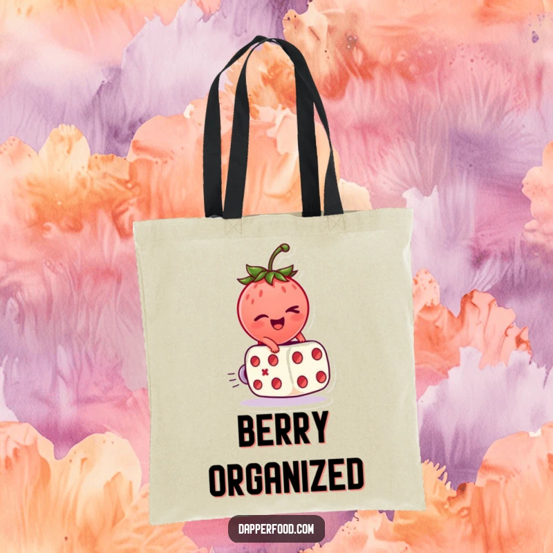 Funny Tote Bag featuring a winking strawberry character riding a rolling dice, perfect for shopping trips.
