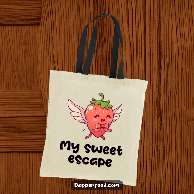 Funny tote bag showing a delightful strawberry character with legs, wearing a ribbon, trying to fly with wings, for everyday sweetness.