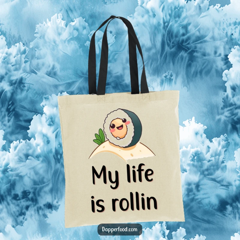 Funny Tote Bag featuring a smiling sushi roll character joyfully rolling down a grassy hill, ready for errands.