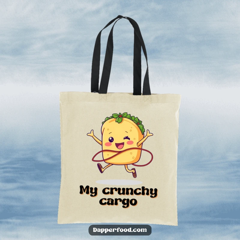 Funny taco character with legs jumping rope with salsa, on a practical tote bag for humorous, everyday use.