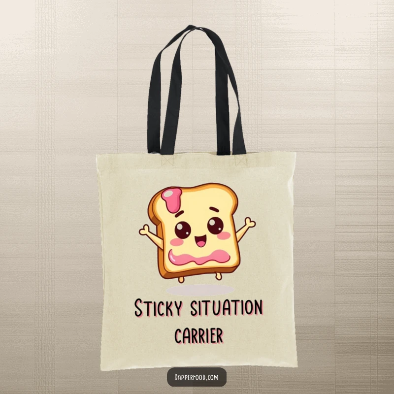 Funny tote bag illustration of a gleeful piece of toast with eyes attempting a jump to reach a jelly jar, capturing morning energy.